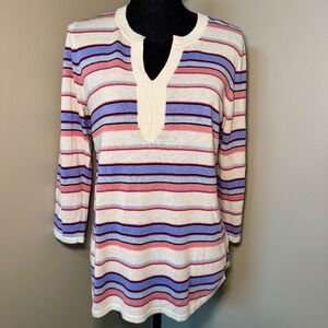 Talbots Striped V Neck 3/4 Sleeve V Neck Sweater Women Size S Linen Blend